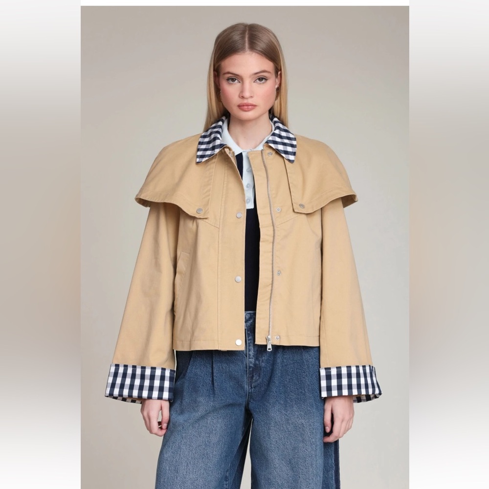 NEW! NWT AVEC LES FILLES Gingham Trim Cotton Cape Jacket in Khaki Size L
